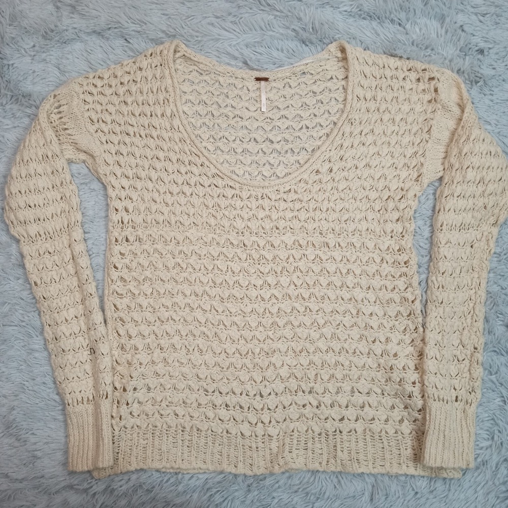 Free People Womens Sweater Off White Medium Lamb Wool Crochet Lightweight